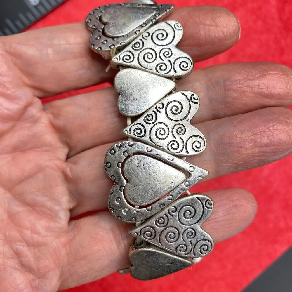 Silver Tone Heart Bracelets Pair Stretchy & Natural Tigereye